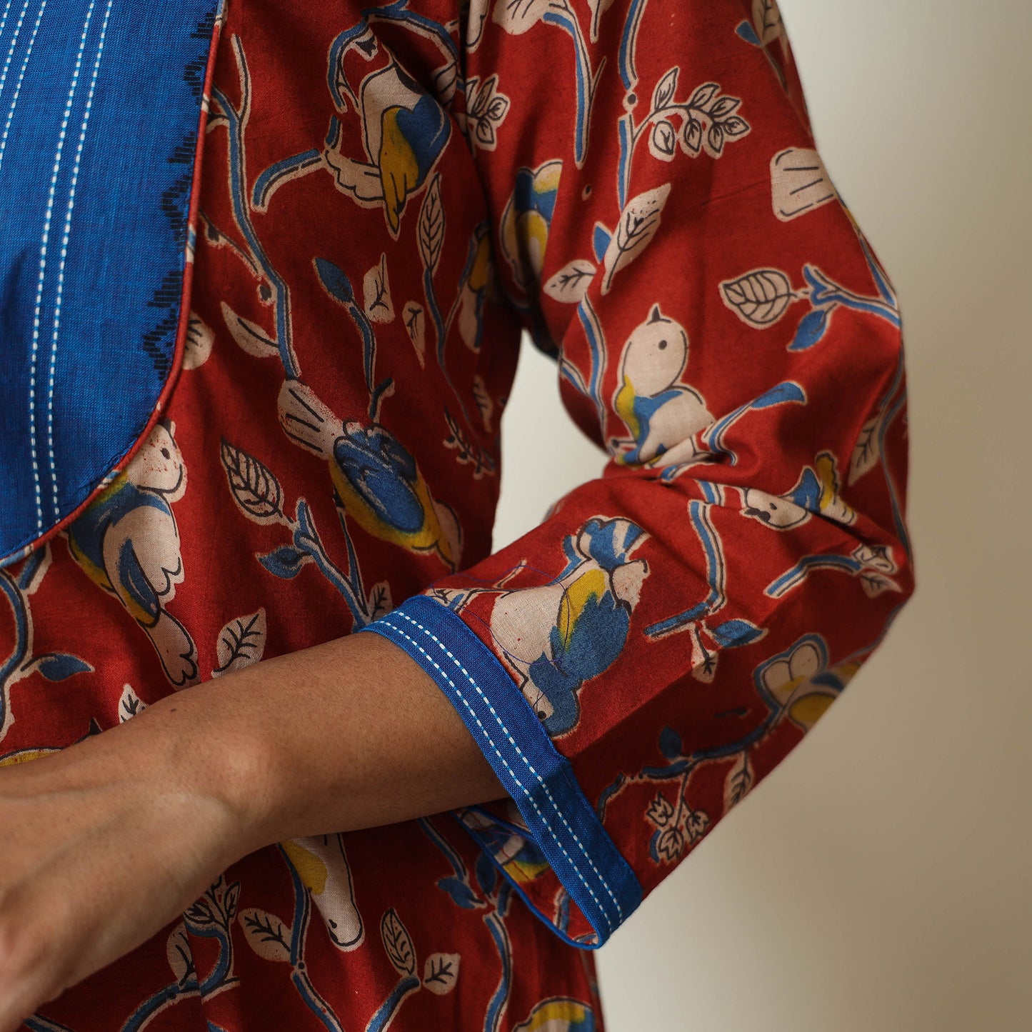 Red - Kalamkari Printed Cotton A-Line Long Kurta with Patchwork 70