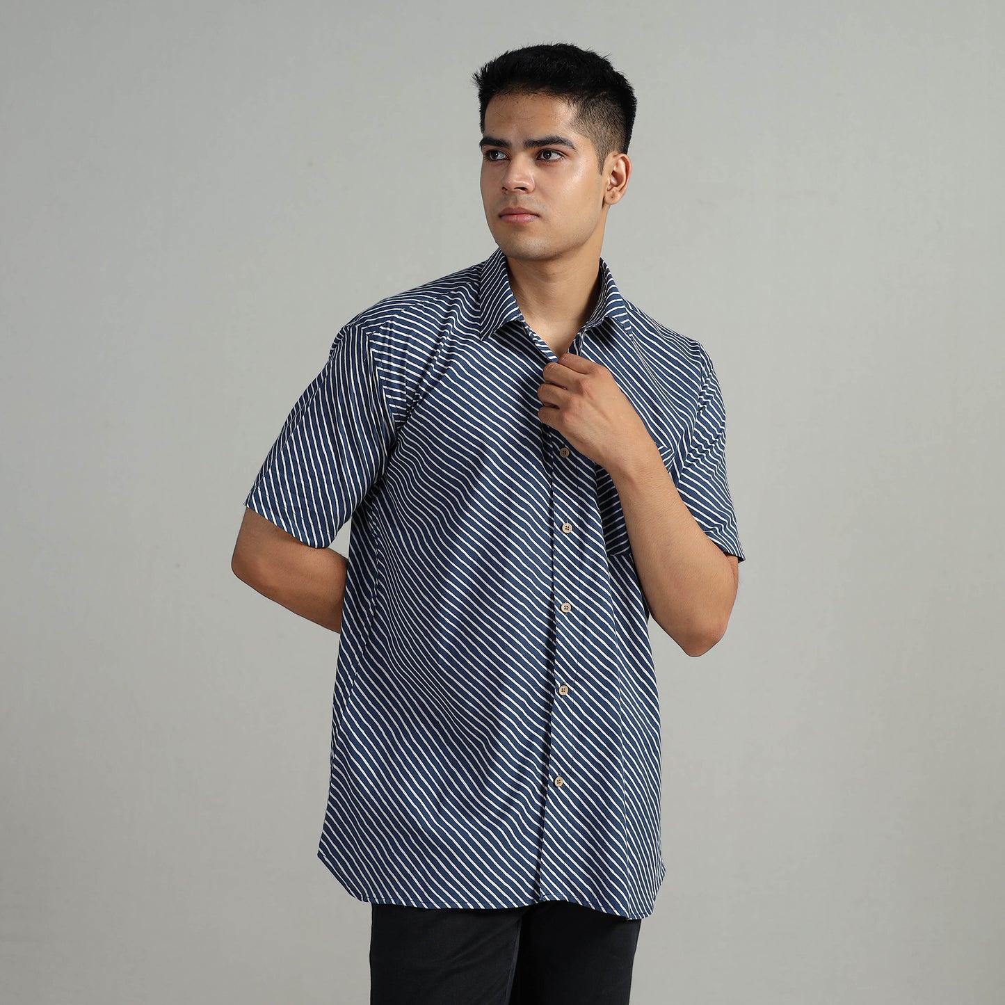 Buy Indigo Block Printed Cotton Men Half Sleeve Shirt 04 Online l iTokri.com