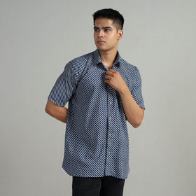 Buy Indigo Block Printed Cotton Men Half Sleeve Shirt 04 Online l iTokri.com