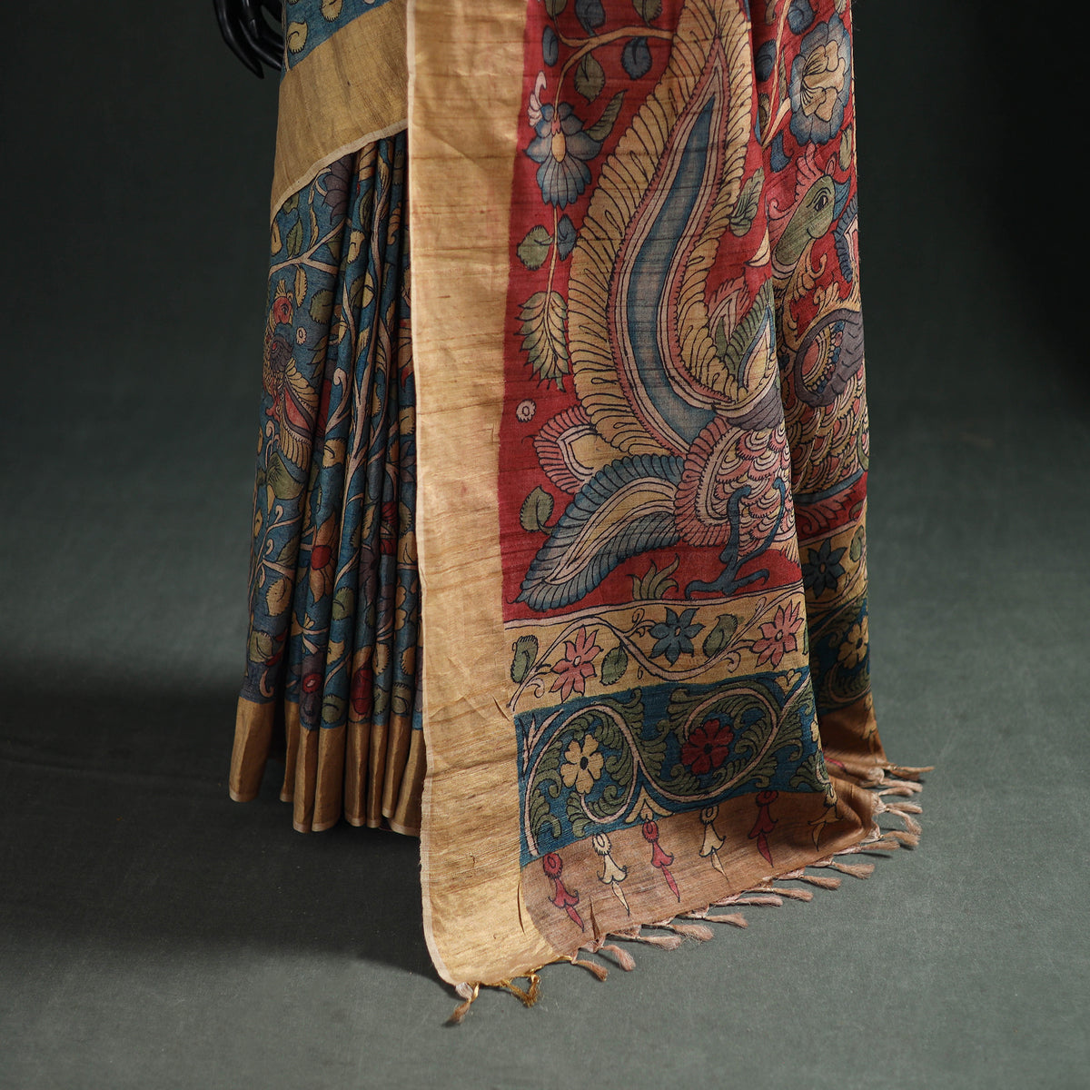 Pure Handloom Desi Tussar Silk Handpainted Srikalahasti Pen Kalamkari Saree with Zari Border 12