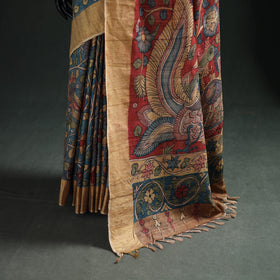 Pure Handloom Desi Tussar Silk Handpainted Srikalahasti Pen Kalamkari Saree with Zari Border 12