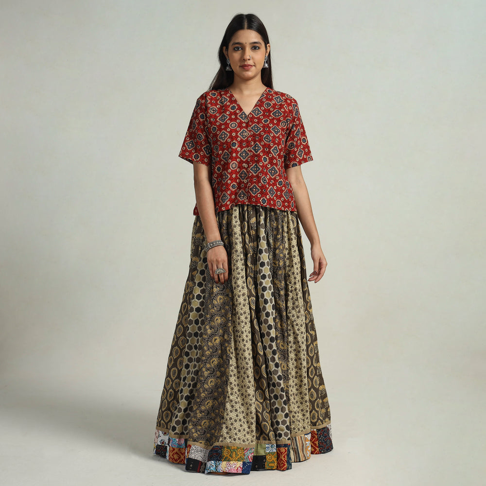 Multicolor - Kutch Block Printed 24 Kali Cotton Long Skirt 12