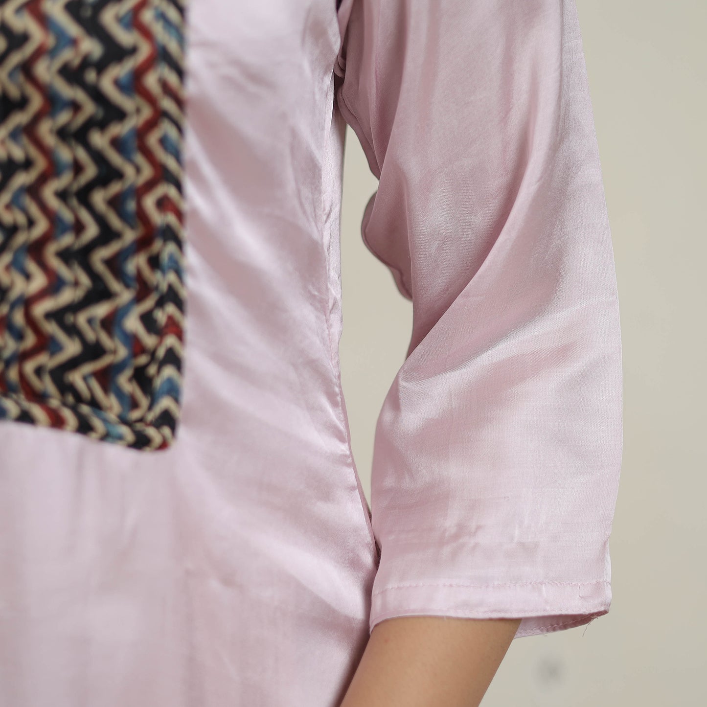 Pink - Plain Modal Silk Straight Kurta with Ajrakh Pintuck Patchwork 01