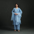 Blue - Plain Slub Cotton Hand Embroidered Suit Set with Dupatta for women 01