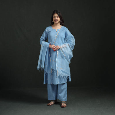 Blue - Plain Slub Cotton Hand Embroidered Suit Set with Dupatta for women 01