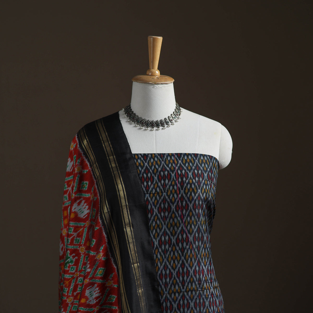 Black - Pochampally Ikat Handloom Sico Unstitched Dress Material: Kurta with Mulberry Silk Dupatta 35