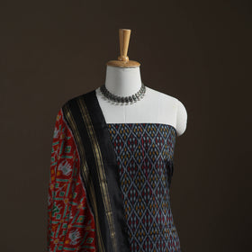 Black - Pochampally Ikat Handloom Sico Unstitched Dress Material: Kurta with Mulberry Silk Dupatta 35