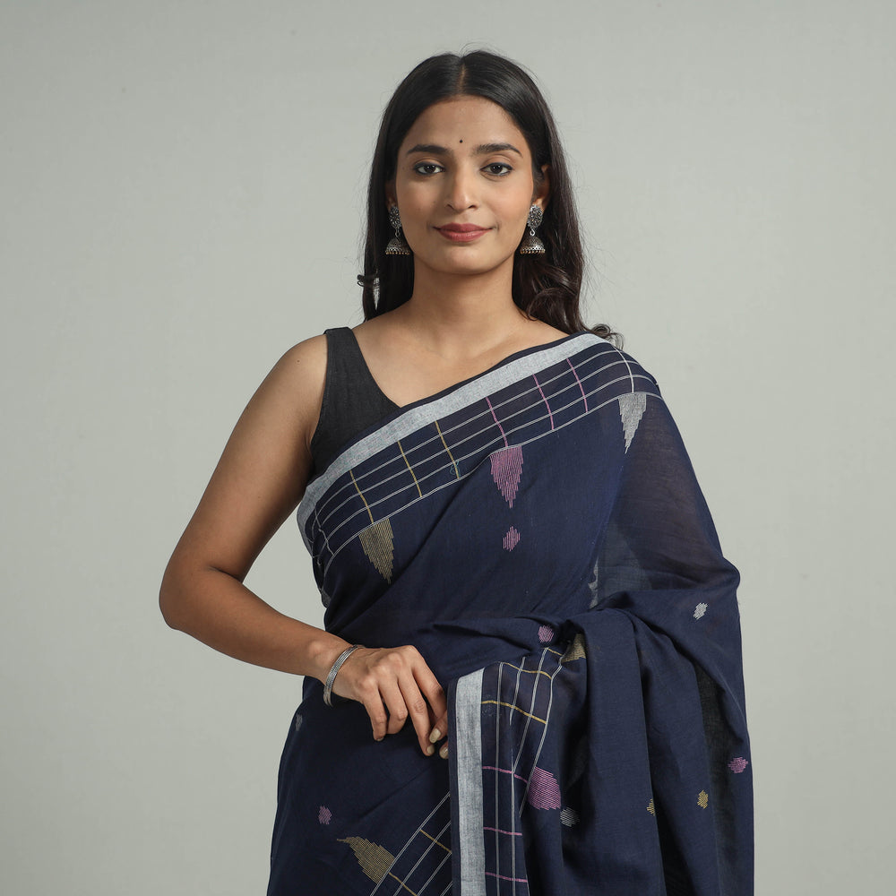 Blue - Handloom Cotton Phulia Jamdani Saree with Tassels 12