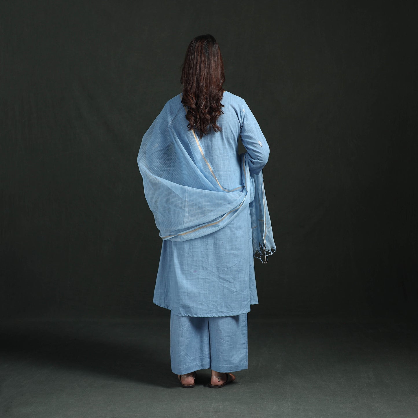 Blue - Plain Slub Cotton Hand Embroidered Suit Set with Dupatta for women 01
