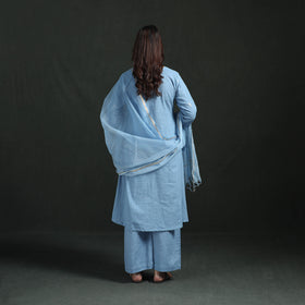 Blue - Plain Slub Cotton Hand Embroidered Suit Set with Dupatta for women 01