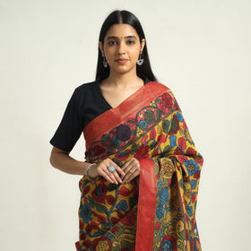 Multicolor - Srikalahasti Kalamkari Pen Work Mangalagiri Silk Saree with Zari Border