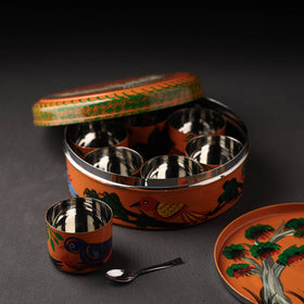 Banaras Handpainted Stainless Steel Orange Masala Box 