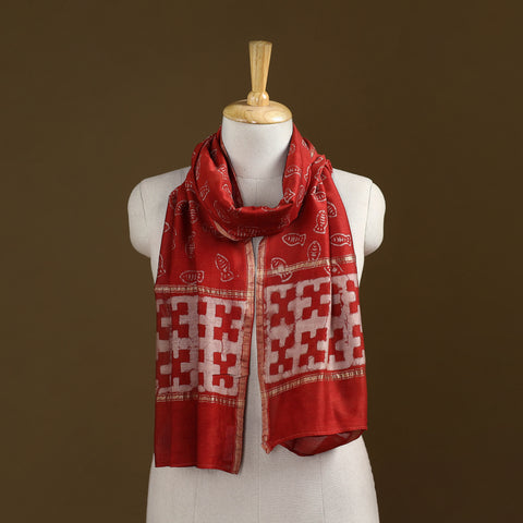 Red - Pipad Hand Block Print Natural Dyed Chanderi Silk Handloom Stole 38