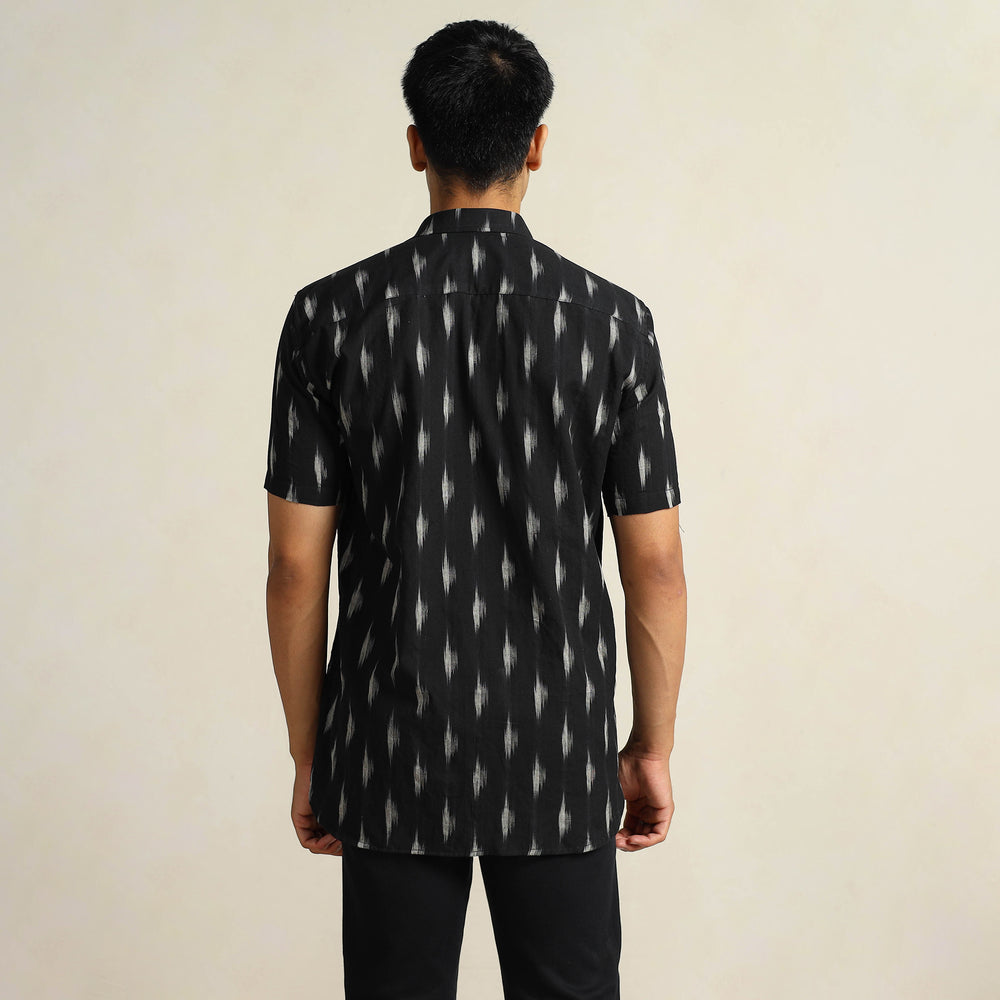 Black - Pochampally Ikat Weave Cotton Men Half Sleeve Shirt 14