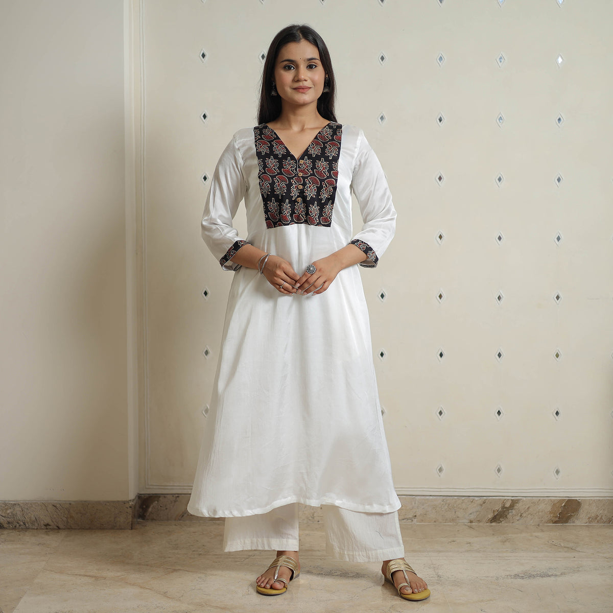 White - Plain Modal Silk A-Line Kurta with Ajrakh Patchwork 11