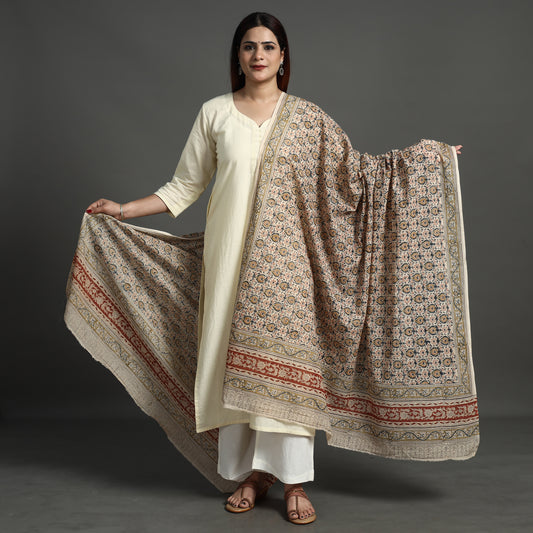 Beige - Pedana Kalamkari Block Printed Natural Dyed Cotton Dupatta 160