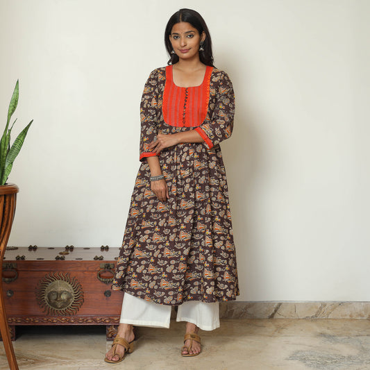 Brown - Kalamkari Printed Cotton A-Line Long Kurta with Patchwork 71