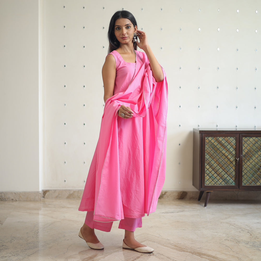 Rasika Pink Cotton Flared Kurta with Palazzo & Dupatta Set