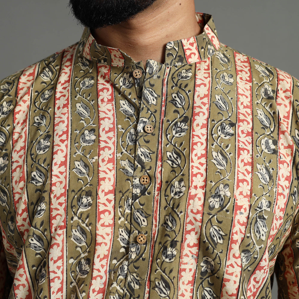 Moss Green - Kalamkari Block Printed Cotton Men Short Kurta