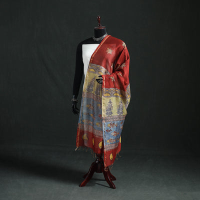 Red - Mata Ni Pachedi Handpainted Natural Dyed Chanderi Silk Handloom Dupatta 07