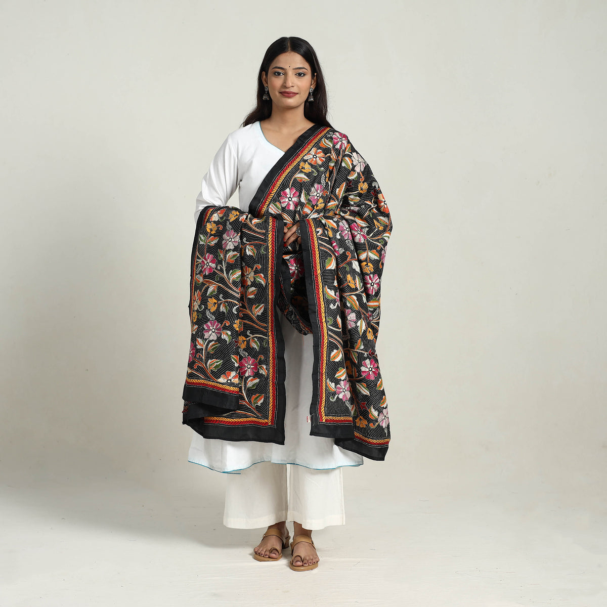 Black - Pure Silk Bengal Kantha Embroidery Dupatta 28