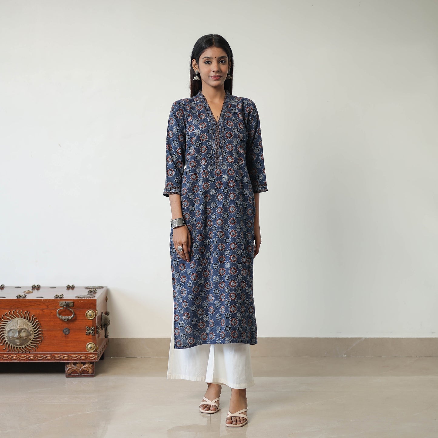 Blue - Block Printed Cotton Straight Ajrakh Kurta 25