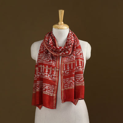Red - Pipad Hand Block Print Natural Dyed Chanderi Silk Handloom Stole 39