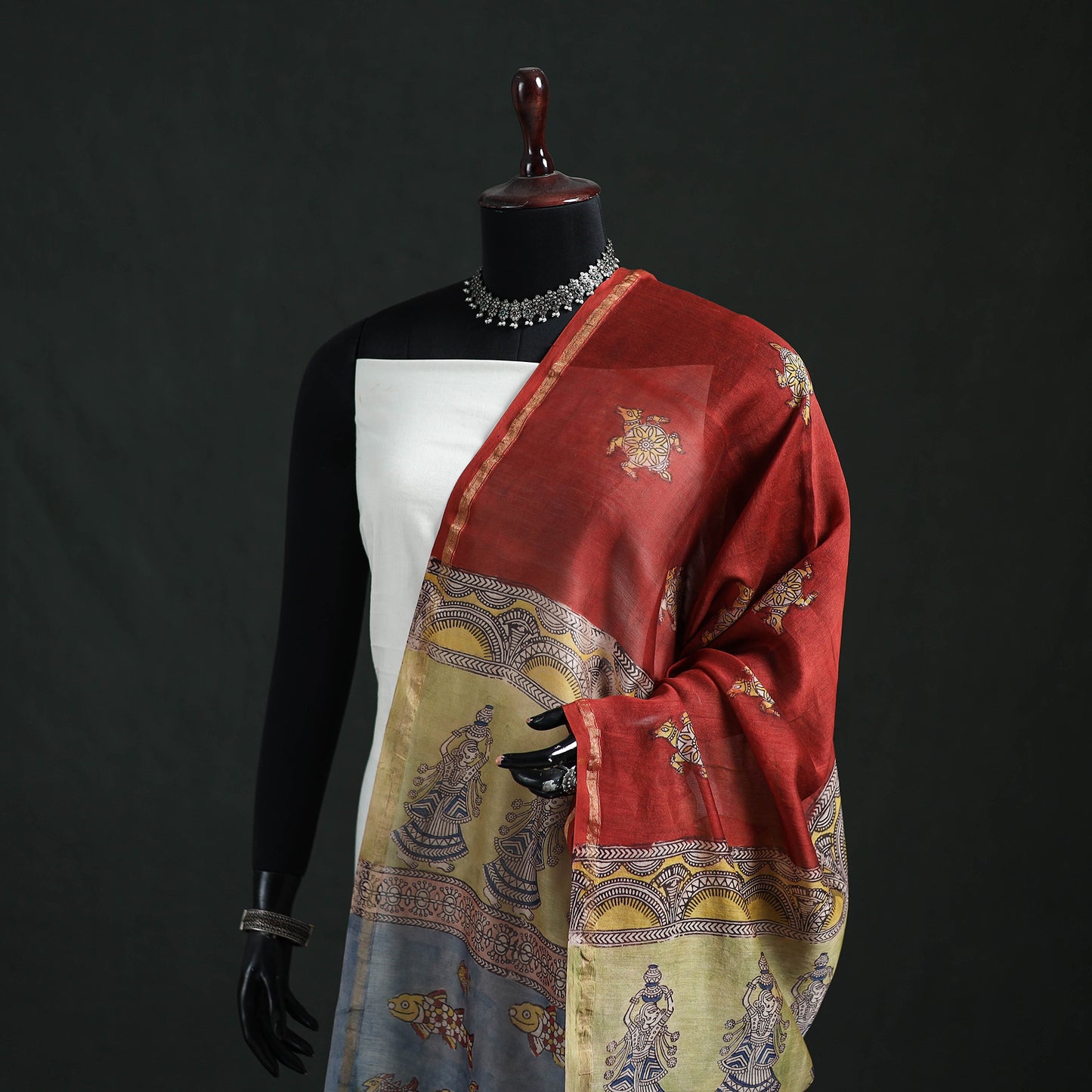Red - Mata Ni Pachedi Handpainted Natural Dyed Chanderi Silk Handloom Dupatta 07