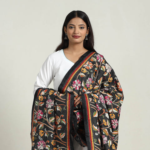 Black - Pure Silk Bengal Kantha Embroidery Dupatta 28