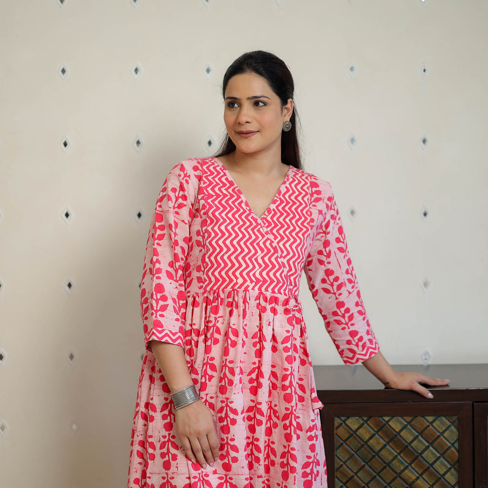 Pink - Pure Cotton Angrakha Batik Print Dress 06