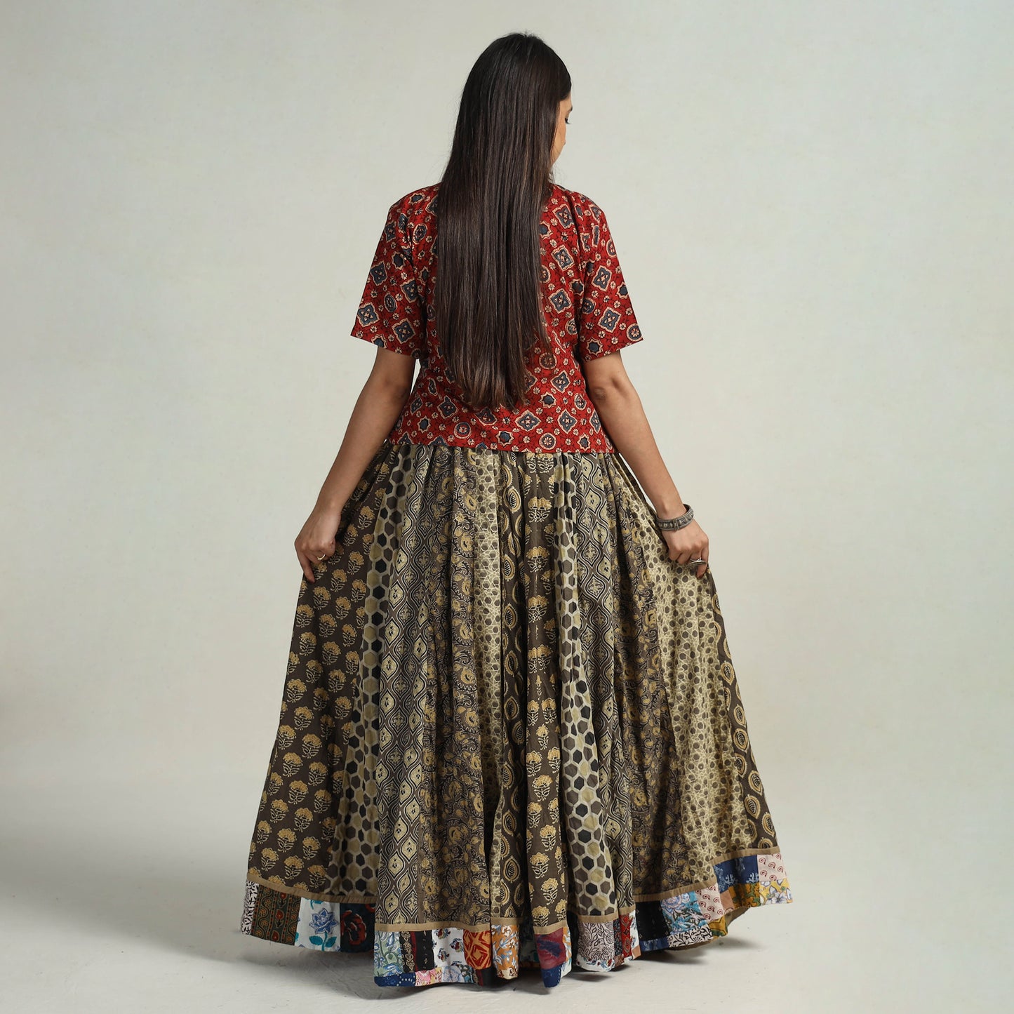 Multicolor - Kutch Block Printed 24 Kali Cotton Long Skirt 12