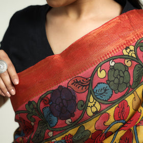 Multicolor - Srikalahasti Kalamkari Pen Work Mangalagiri Silk Saree with Zari Border