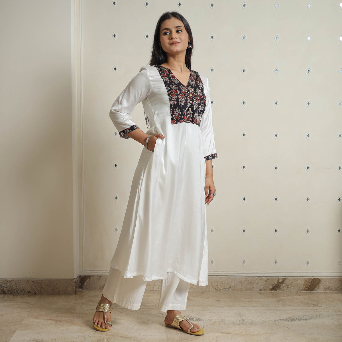 White - Plain Modal Silk A-Line Kurta with Ajrakh Patchwork 11