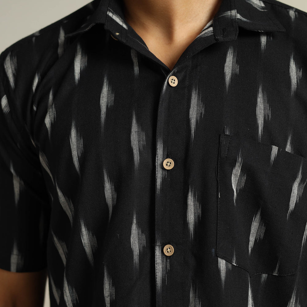 Black - Pochampally Ikat Weave Cotton Men Half Sleeve Shirt 14