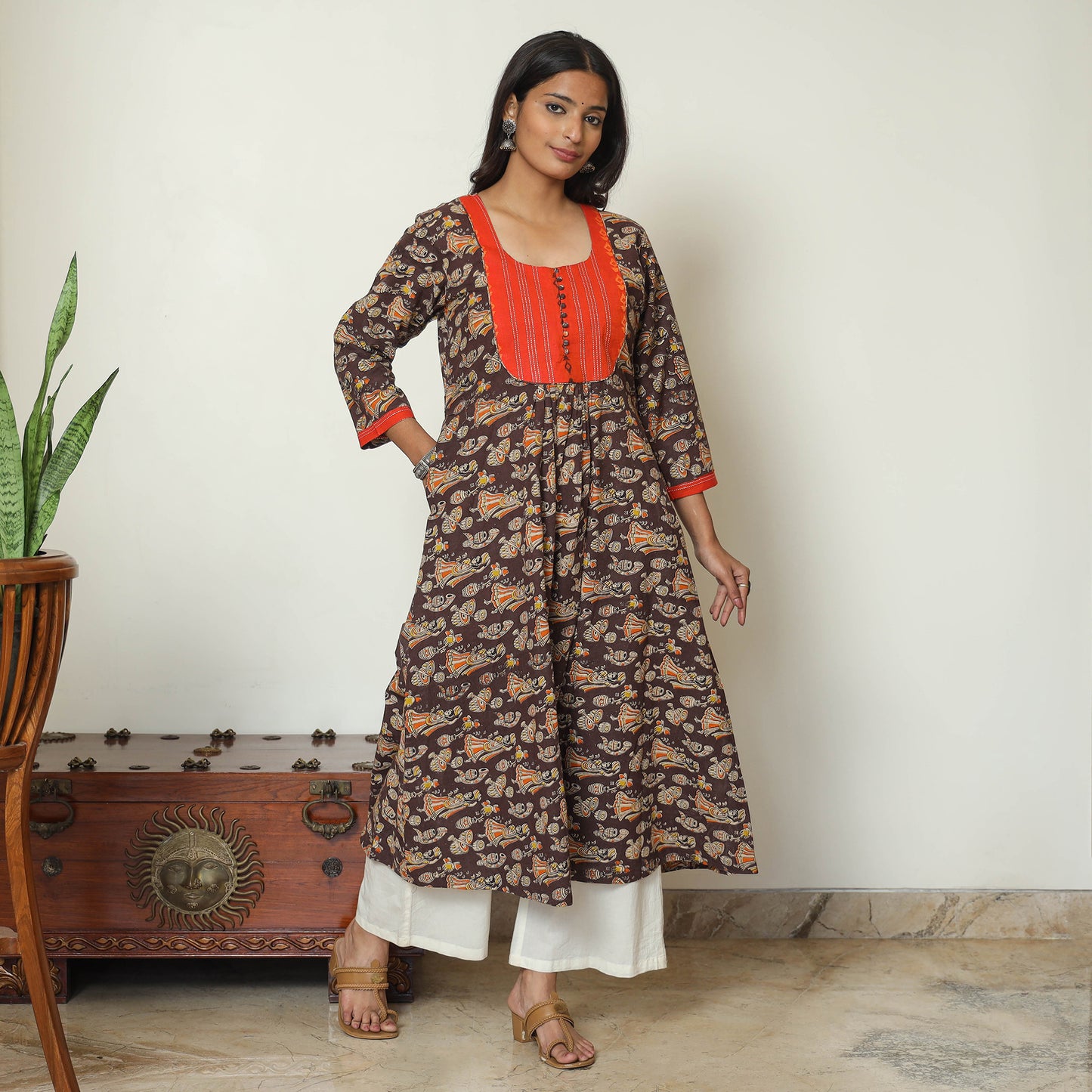 Brown - Kalamkari Printed Cotton A-Line Long Kurta with Patchwork 71