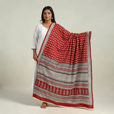 Red - Hand Block Print Cotton Bagh Dupatta 04