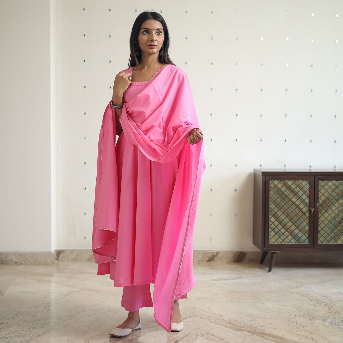 Rasika Pink Cotton Flared Kurta with Palazzo & Dupatta Set