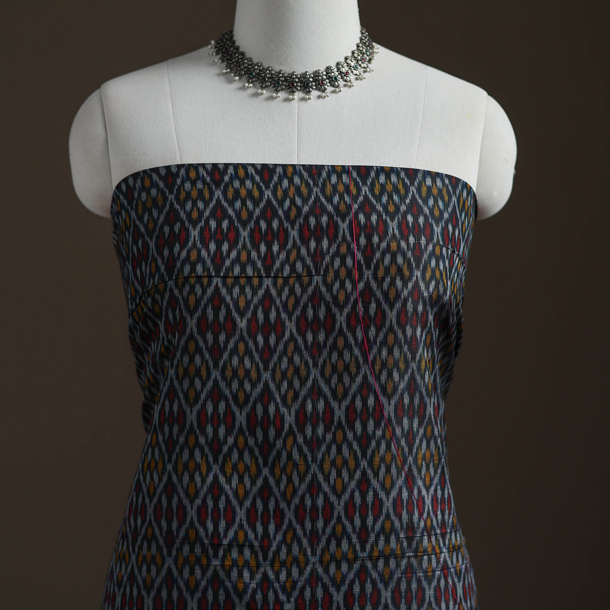 Black - Pochampally Ikat Handloom Sico Unstitched Dress Material: Kurta with Mulberry Silk Dupatta 35