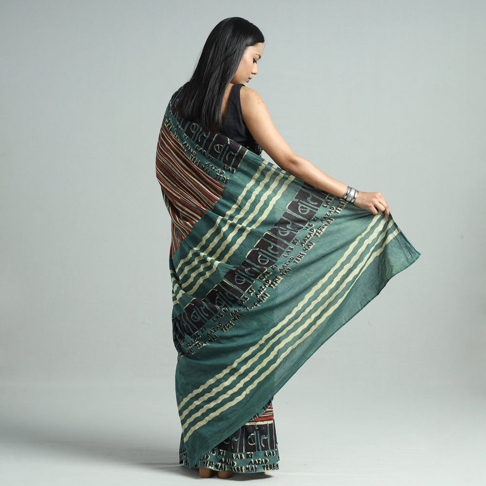 Green - Bindaas Art Block Printed Natural Dyed Cotton Saree 32