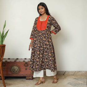 Buy  Kalamkari Printed Cotton A-Line Long Kurta with Patchwork 71 Online at iTokri.com