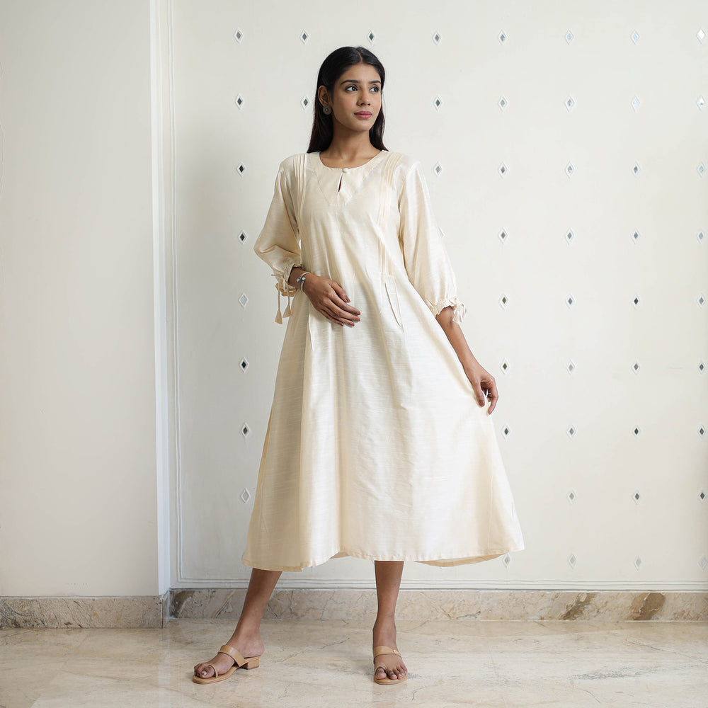 Yashasmini Beige Slub Silk Plain Dress