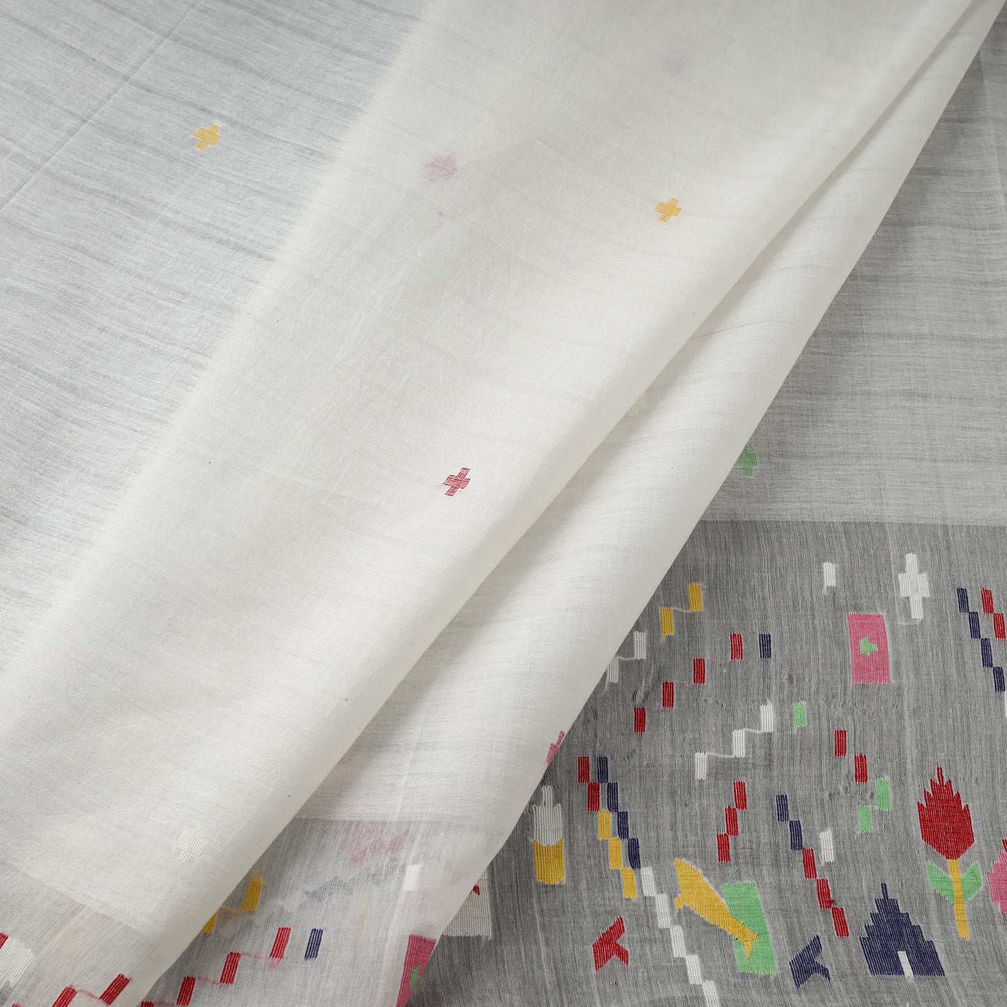 White - Pure Handloom Cotton Bengal Jamdani Fabric 03