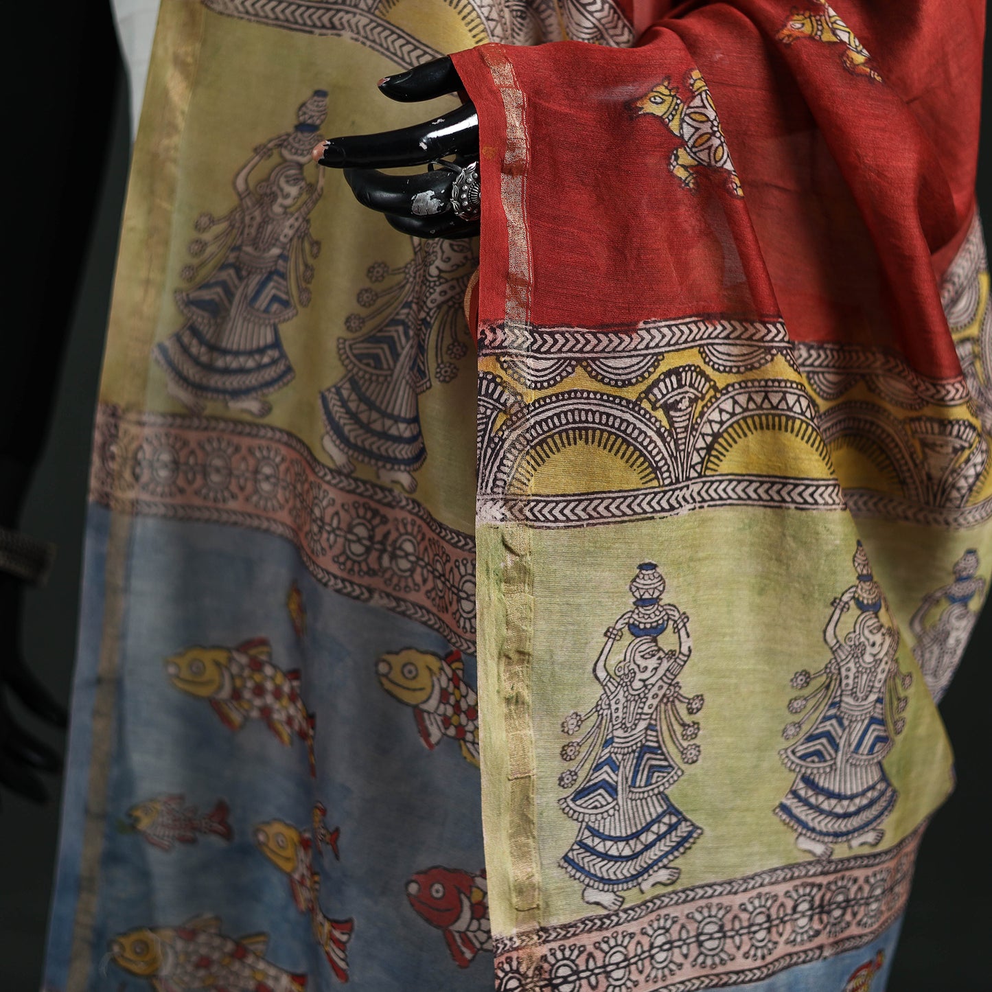 Red - Mata Ni Pachedi Handpainted Natural Dyed Chanderi Silk Handloom Dupatta 07