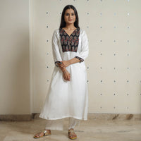 White - Plain Modal Silk A-Line Kurta with Ajrakh Patchwork 11