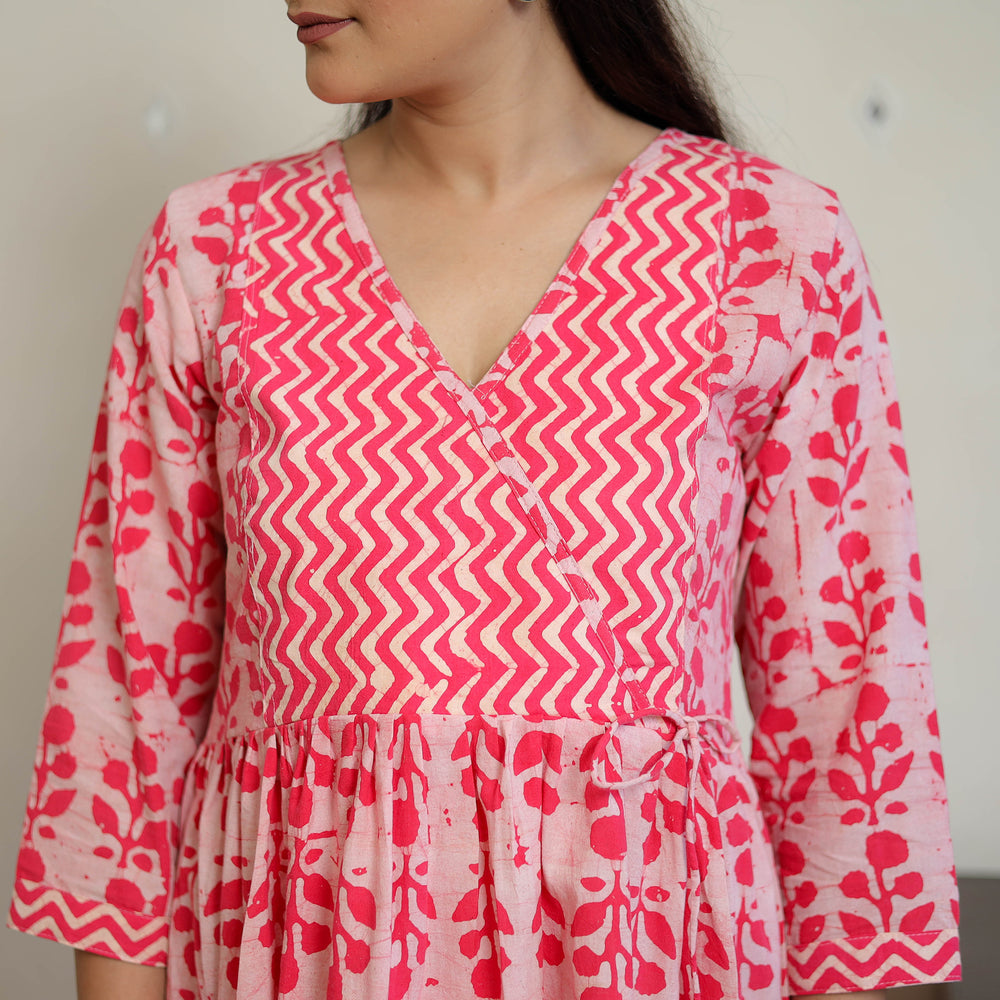 Pink - Pure Cotton Angrakha Batik Print Dress 06