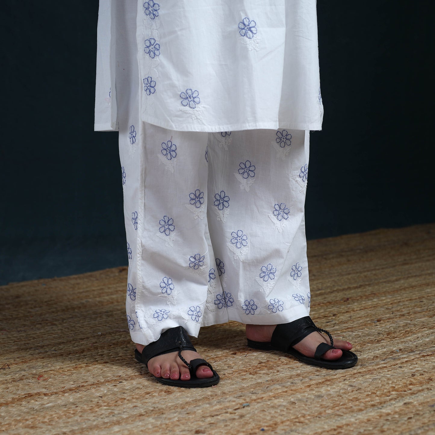 White - Hand Embroidered Mul Cotton Chikankari Kurta with Palazzo Set for Women 32