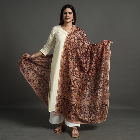 Maroon - Pedana Kalamkari Block Printed Handloom Chanderi Silk Dupatta with Zari Border 72