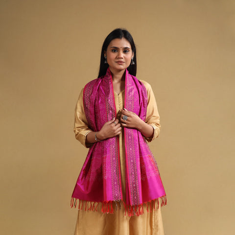 Pink - Handloom Mulberry Silk Pochampally Ikat Stole 04