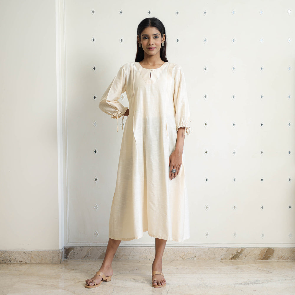 Yashasmini Beige Slub Silk Plain Dress