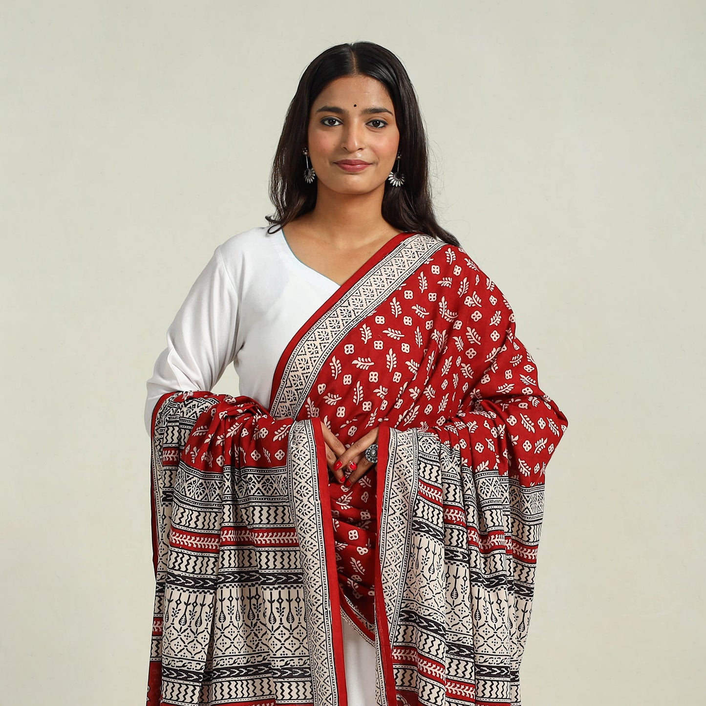 Red - Hand Block Print Cotton Bagh Dupatta 04